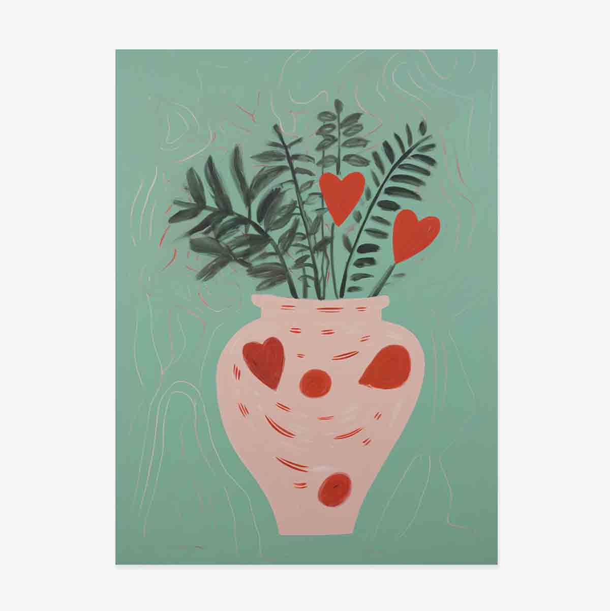 Poster con illustrazioni di piante in vaso e cuoricini disegnati