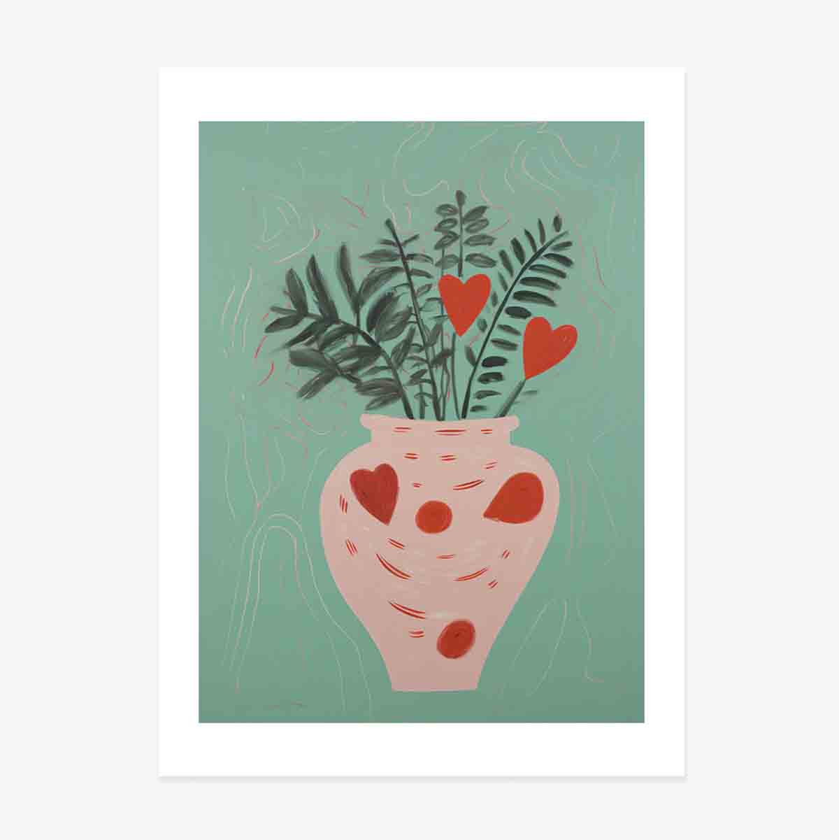 Poster con illustrazioni di piante in vaso e cuoricini disegnati